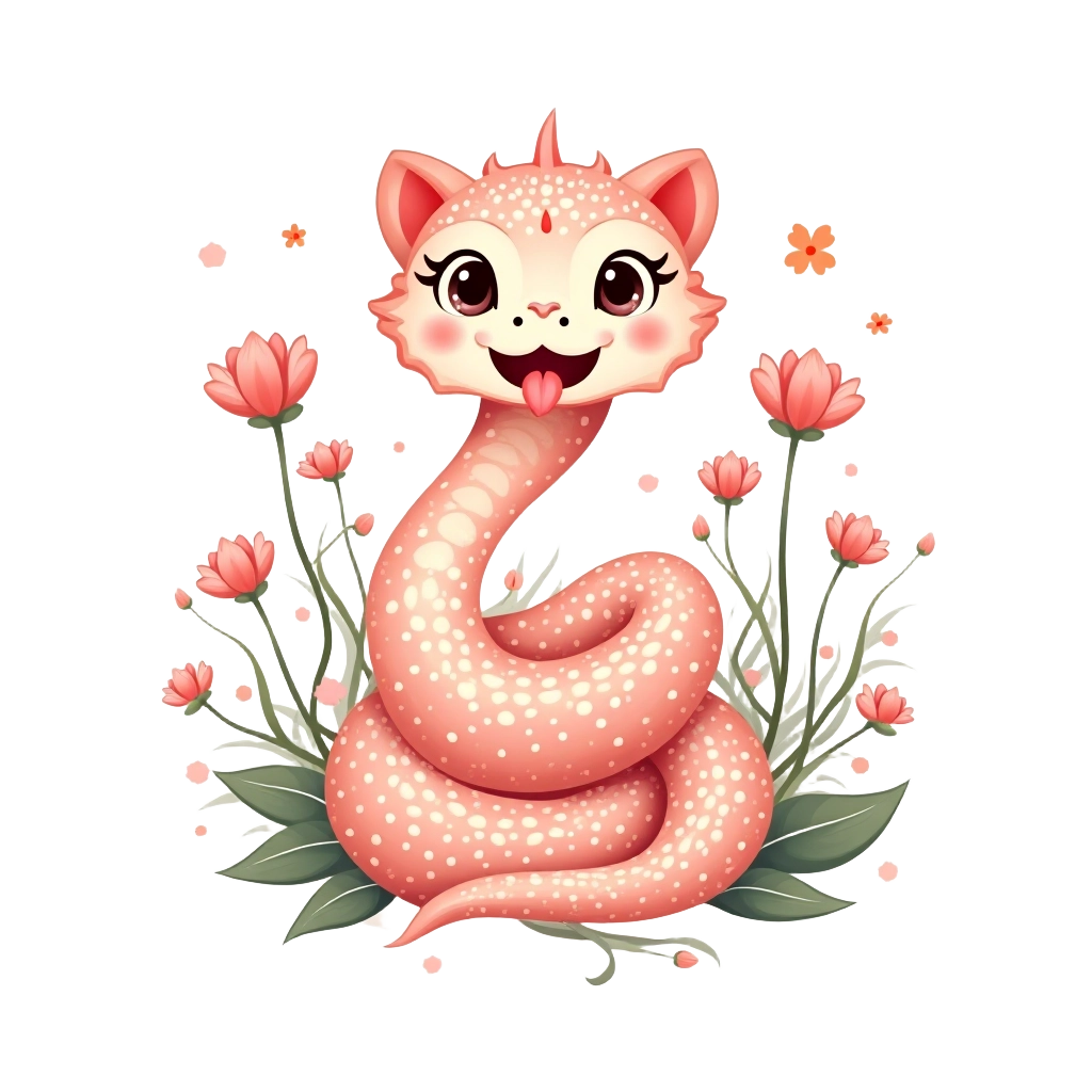 Cute Cat-Snake Hybrid in a Floral Garden